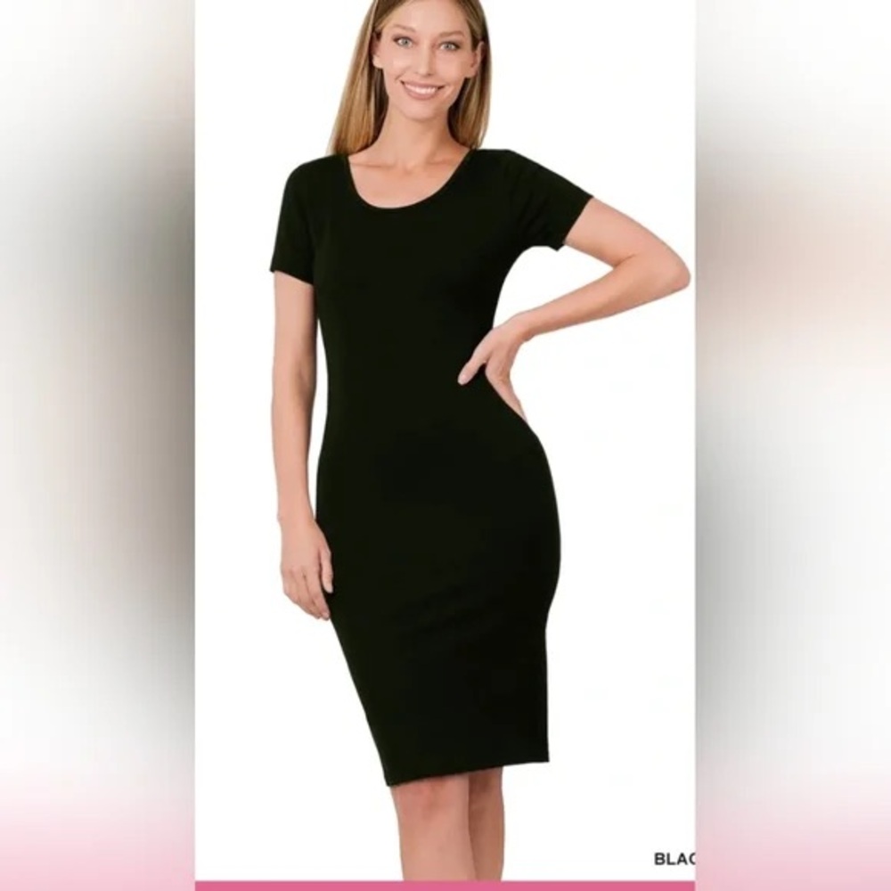 Zenana Outfitters Cotton Short Sleeve Black Midi Dress, Size L